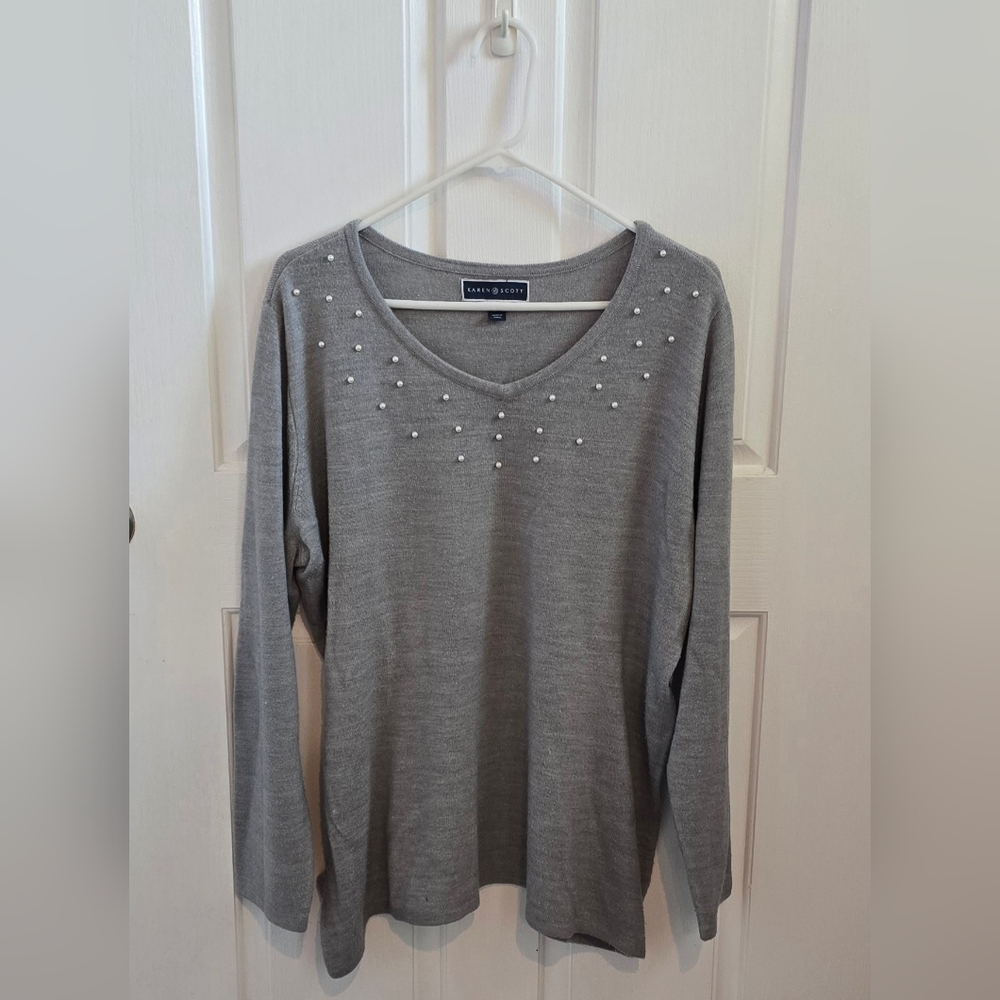 Karen Scott Gray Pearl. Embellished Sweater